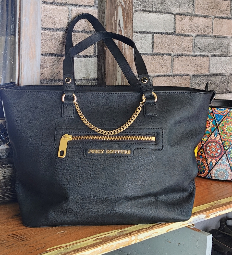 Juicy Couture Black Leather  Tote Bag w Pink Lining Gold Accents&Black Crystals